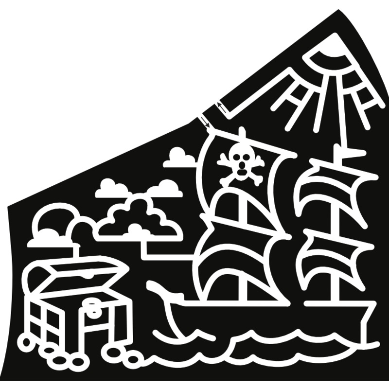 22_UK Pirate ship, sun, cloud, skull, chest, gold, treasure,bones