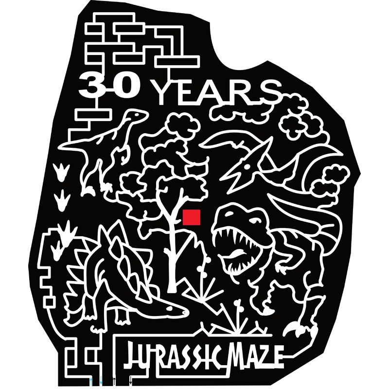 23_GA_Ashburn Jurassic Maze, 30 Years, Tree, Dinosaurs, T-rex, Pterodactyl, Raptor, Stegosaurus, Cloud, Footprint