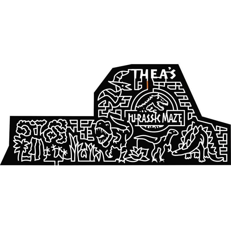23_MN_PelicanRapids Thea’s Jurassic Maze, Pterodactyl, Volcano, Tree, T-Rex, Raptor, Stegosaurus, Logo
