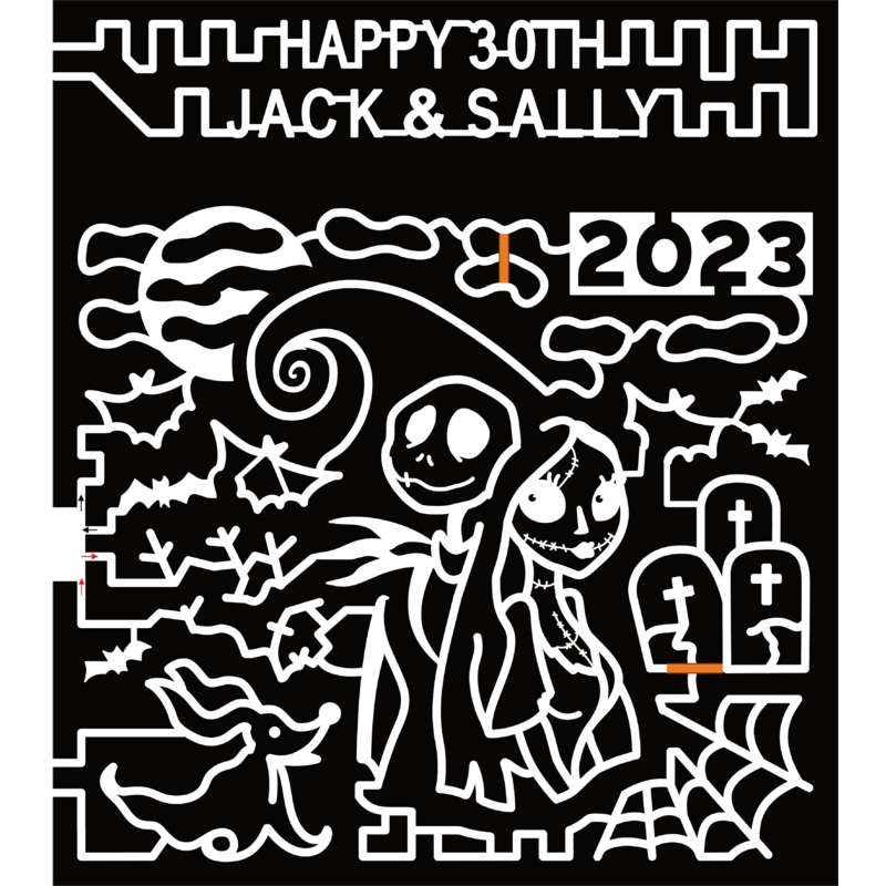 23_MT_Billings Happy 30th Jack & Sally, 2023, Moon, Tombstone, Grave, Bat, Zero, Jack, Sally, Web, Cloud