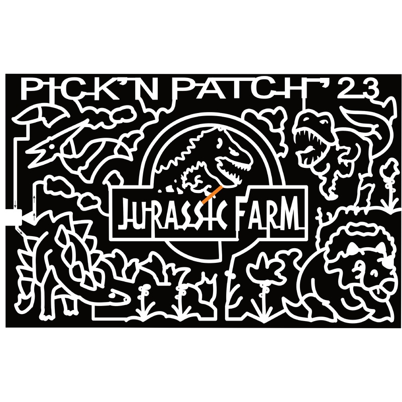 23_NY_Stanley Pick’n Patch ’23, Jurassic Farm, Logo, T-Rex, Pterodactyl, Stegosaurus, Triceratops, Flower, Skeleton,