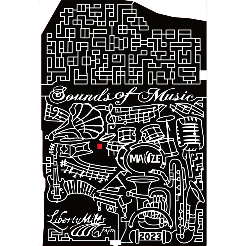 23_VA_Somerset Sounds of Music, Music Note, Maize, Liberty Mills Farm, 2023, Headphones, Trumpet, Drums, Guitar, Piano, Saxaphone, French Horn, Microphone, Record Player, Gramophone Record Player, Logo