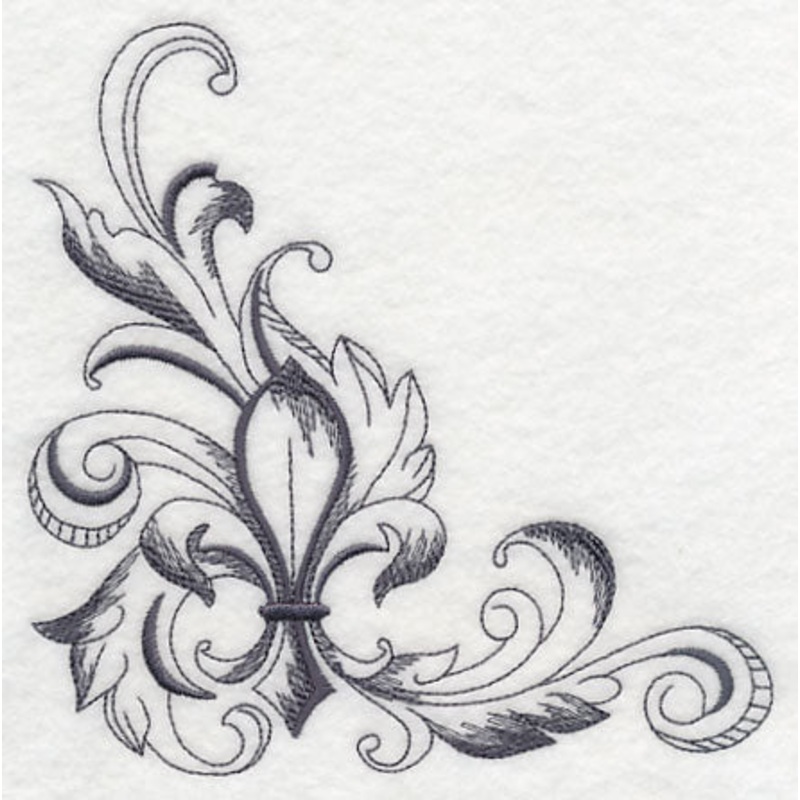 Baroque Fleur de Lis Corner|5.86″ x 5.85″ / 148.83mm x 148.51mm|4.86″ x 4.85″ / 123.4mm x 123.12mm|3.85″ x 3.84″ / 97.74mm x 97.51mm|All Sizes