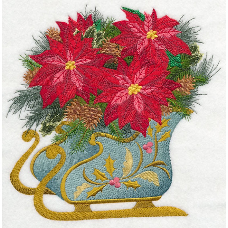 Bouquet Sleigh of Poinsettias|7.61″ x 7.58″ / 193.27mm x 192.63mm|6.9″ x 6.88″ / 175.35mm x 174.75mm|5.87″ x 5.85″ / 149.11mm x 148.59mm|4.87″ x 4.85″ / 123.64mm x 123.19mm|All Sizes
