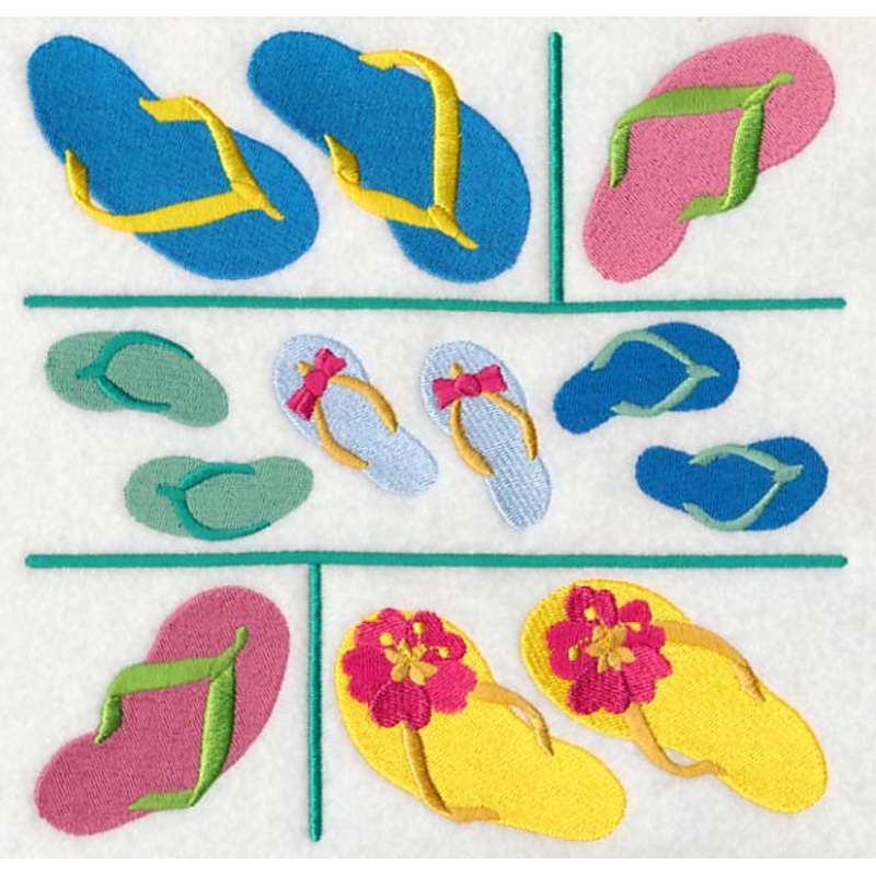 Flip Flop Medley|7.81″ x 7.79″ / 198.25mm x 197.88mm|6.9″ x 6.89″ / 175.35mm x 175.02mm|5.86″ x 5.85″ / 148.89mm x 148.6mm|4.85″ x 4.84″ / 123.28mm x 123.03mm|All Sizes