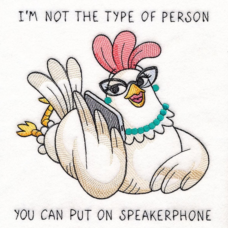Speakerphone Chicken|7.26″ x 6.85″ / 184.37mm x 173.99mm|6.2″ x 5.85″ / 157.45mm x 148.59mm|5.14″ x 4.85″ / 130.54mm x 123.19mm|All Sizes