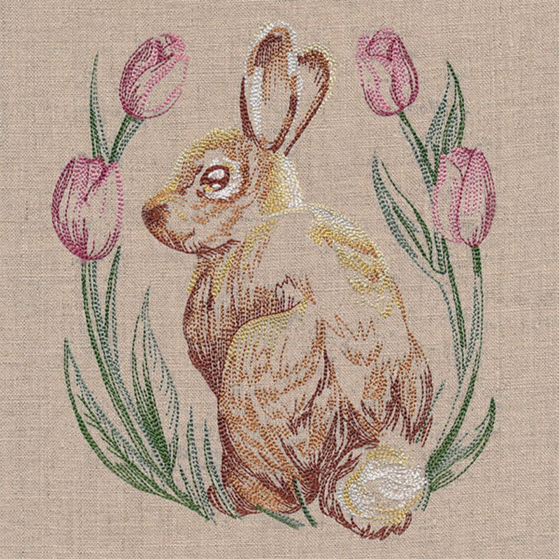 Spring Bunny in Tulips|7.8″ x 6.75″ / 198.12mm x 171.48mm|6.76″ x 5.85″ / 171.62mm x 148.53mm|5.6″ x 4.85″ / 142.28mm x 123.14mm|All Sizes
