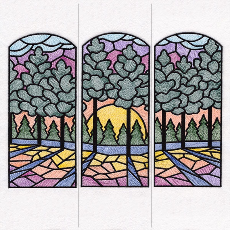Stained Glass Sunset Scene – 3 Panel