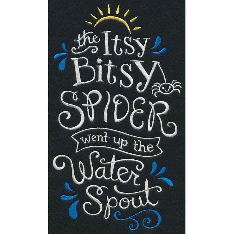 The Itsy Bitsy Spider|11.75″ x 6.67″ / 298.36mm x 169.35mm|9.42″ x 5.35″ / 239.17mm x 135.77mm|7.82″ x 4.44″ / 198.53mm x 112.72mm|6.86″ x 3.9″ / 174.33mm x 98.99mm|3.88″ x 2.2″ / 98.46mm x 55.98mm|All Sizes