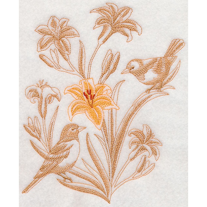 Daylily and Orioles (Toile)|8.61″ x 6.85″ / 218.74mm x 173.91mm|7.79″ x 6.2″ / 197.94mm x 157.47mm|6.79″ x 5.4″ / 172.39mm x 137.1mm|6.1″ x 4.85″ / 154.87mm x 123.13mm|All Sizes