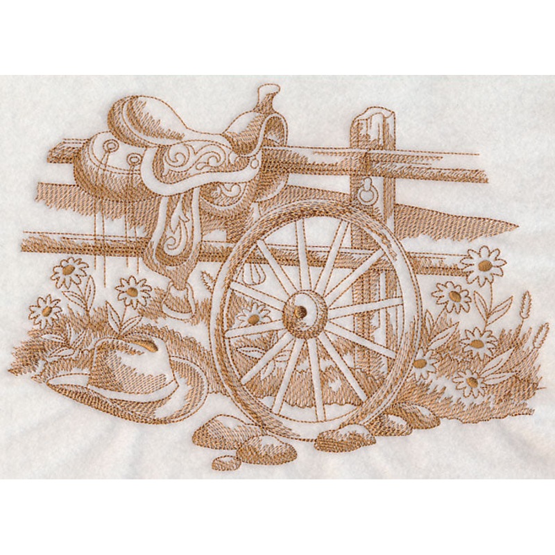 Wagon Wheel Scene (Toile)|6.9″ x 9.64″ / 175.24mm x 244.85mm|5.6″ x 7.8″ / 142.28mm x 198.08mm|4.85″ x 6.75″ / 123.19mm x 171.51mm|All Sizes