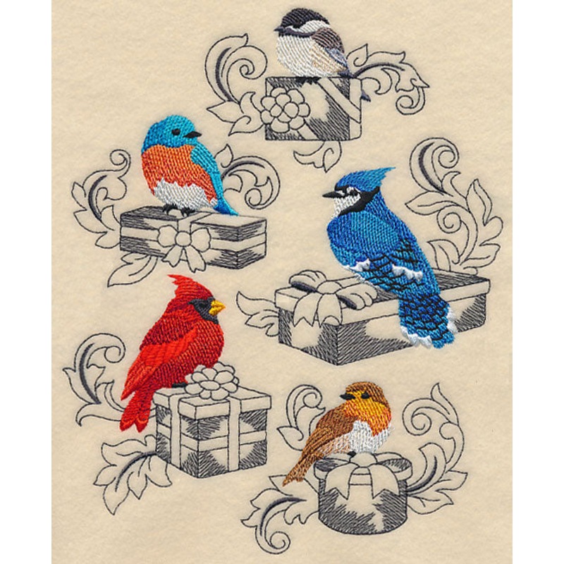 Birds and Gifts Medley|8.56″ x 6.9″ / 217.38mm x 175.25mm|7.8″ x 6.29″ / 198.12mm x 159.71mm|7.26″ x 5.85″ / 184.3mm x 148.57mm|6.02″ x 4.85″ / 152.79mm x 123.17mm|All Sizes