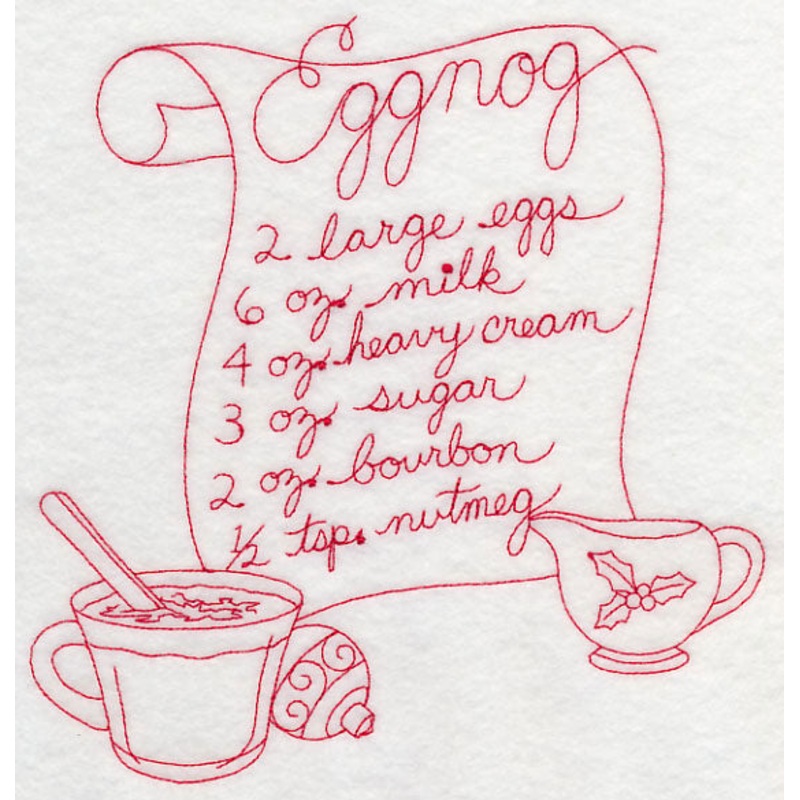 Eggnog (Redwork)|7.8″ x 7.56″ / 198.11mm x 192.09mm|7.06″ x 6.85″ / 179.38mm x 173.94mm|6.03″ x 5.85″ / 153.23mm x 148.55mm|5″ x 4.85″ / 127.02mm x 123.09mm|All Sizes