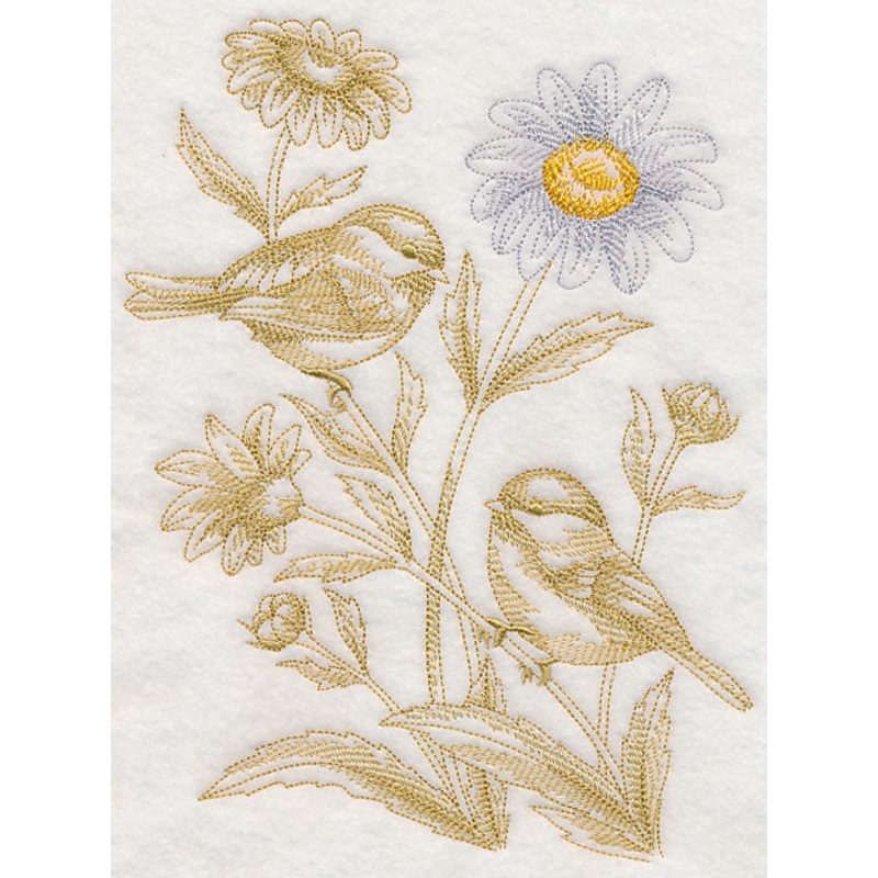 Daisy and Chickadees (Toile)|8.75″ x 6.88″ / 222.14mm x 174.75mm|7.78″ x 6.12″ / 197.59mm x 155.43mm|6.84″ x 5.38″ / 173.71mm x 136.65mm|6.16″ x 4.85″ / 156.58mm x 123.19mm|All Sizes