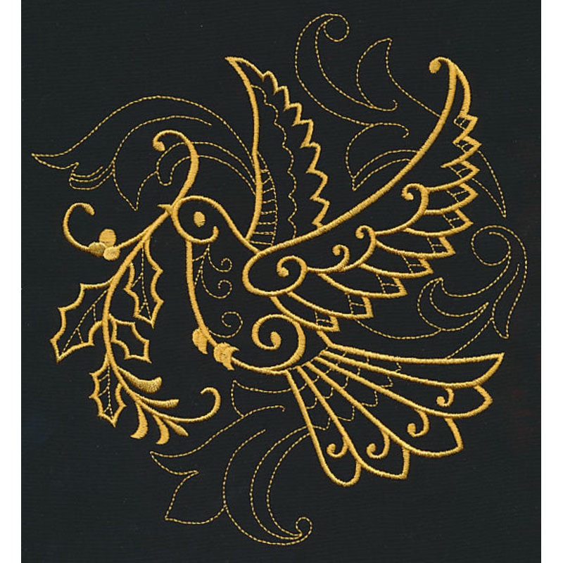 Filigree Dove (Goldwork)|7.8″ x 7.37″ / 198.08mm x 187.09mm|7.25″ x 6.85″ / 184.19mm x 173.96mm|6.19″ x 5.85″ / 157.26mm x 148.57mm|5.12″ x 4.84″ / 130.04mm x 122.88mm|3.85″ x 3.63″ / 97.74mm x 92.32mm|All Sizes