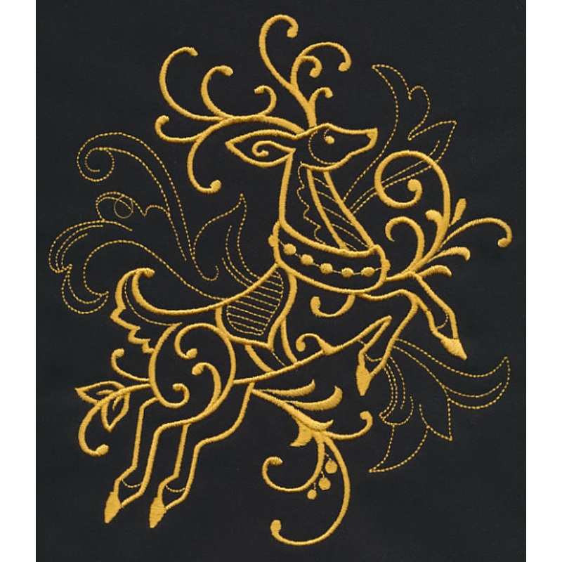Filigree Reindeer (Goldwork)|7.95″ x 6.9″ / 201.92mm x 175.22mm|7.06″ x 6.12″ / 179.22mm x 155.49mm|6.42″ x 5.57″ / 162.97mm x 141.38mm|5.58″ x 4.84″ / 141.77mm x 122.94mm|3.87″ x 3.35″ / 98.31mm x 85.16mm|All Sizes