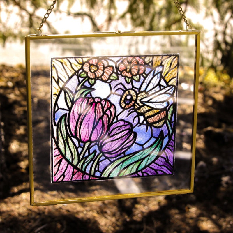 Bee and Tulip Stained Glass Square