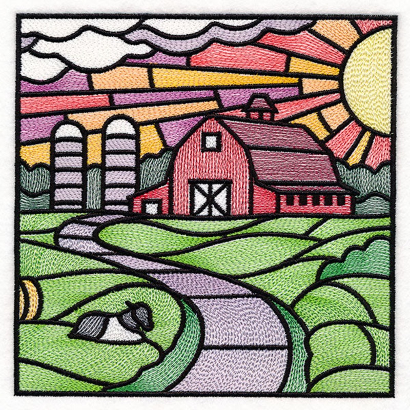 Sweet Countryside  Stained Glass Scene – Barn Sunset