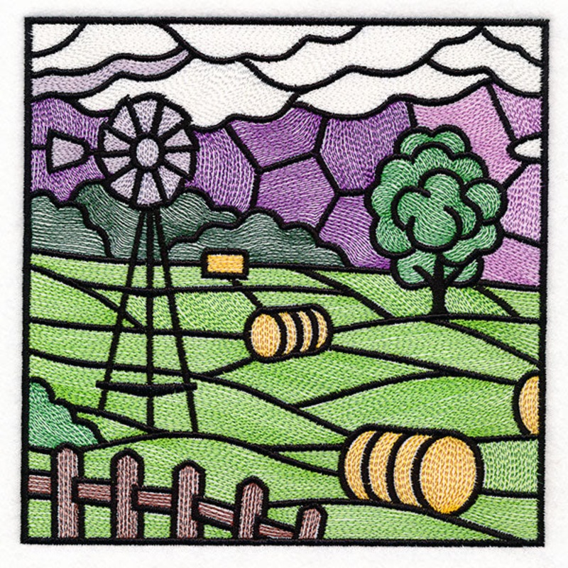 Sweet Countryside Stained Glass Scene – Windmill & Hay