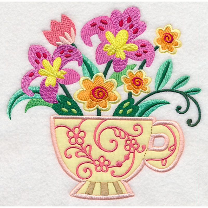 Teacup Bouquet (Applique)|6.9″ x 6.95″ / 175.38mm x 176.55mm|5.88″ x 5.91″ / 149.34mm x 150.15mm|4.88″ x 4.9″ / 123.95mm x 124.58mm|All Sizes