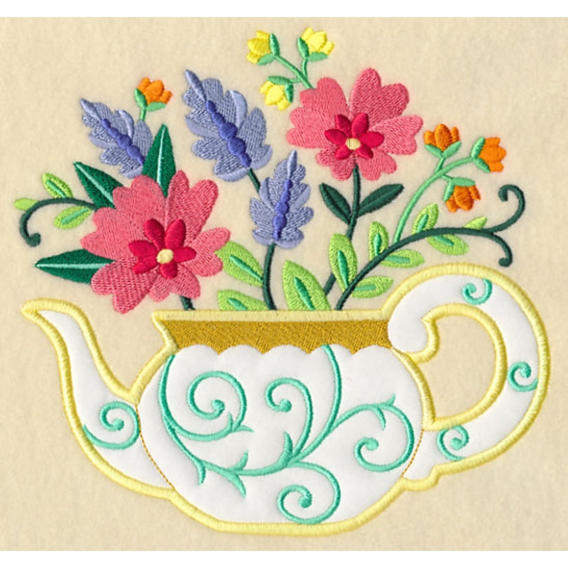 Teapot In Bloom (Applique)|6.9″ x 7.23″ / 175.26mm x 183.64mm|5.88″ x 6.15″ / 149.35mm x 156.21mm|4.87″ x 5.09″ / 123.7mm x 129.29mm|All Sizes