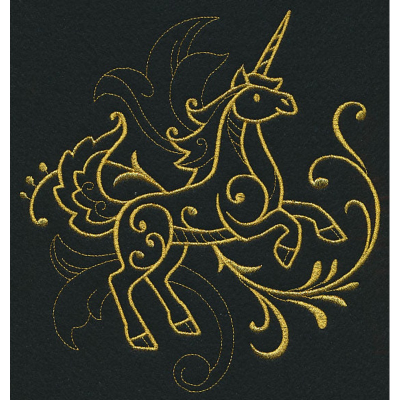 Unicorn Filigree (Goldwork)|7.8″ x 7.38″ / 198.22mm x 187.49mm|7.24″ x 6.85″ / 183.97mm x 174.07mm|6.2″ x 5.86″ / 157.38mm x 148.92mm|5.14″ x 4.86″ / 130.46mm x 123.52mm|3.85″ x 3.65″ / 97.88mm x 92.81mm|All Sizes