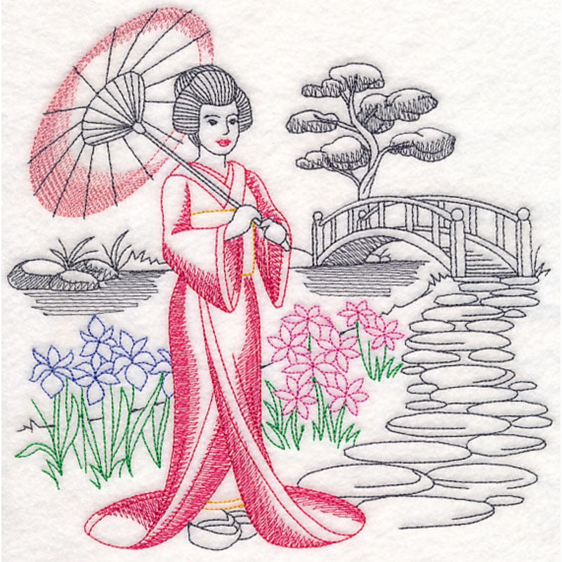 Asian Etching – Geisha and Bridge