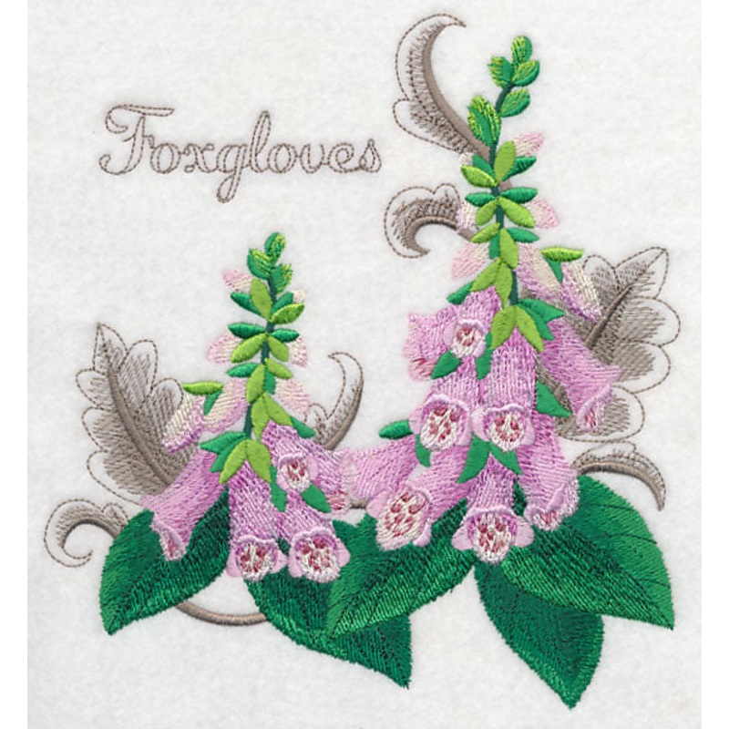 Foxgloves with Flourish|7.79″ x 7.15″ / 197.75mm x 181.49mm|7″ x 6.43″ / 177.87mm x 163.34mm|6.37″ x 5.85″ / 161.84mm x 148.49mm|5.28″ x 4.85″ / 134.2mm x 123.11mm|All Sizes