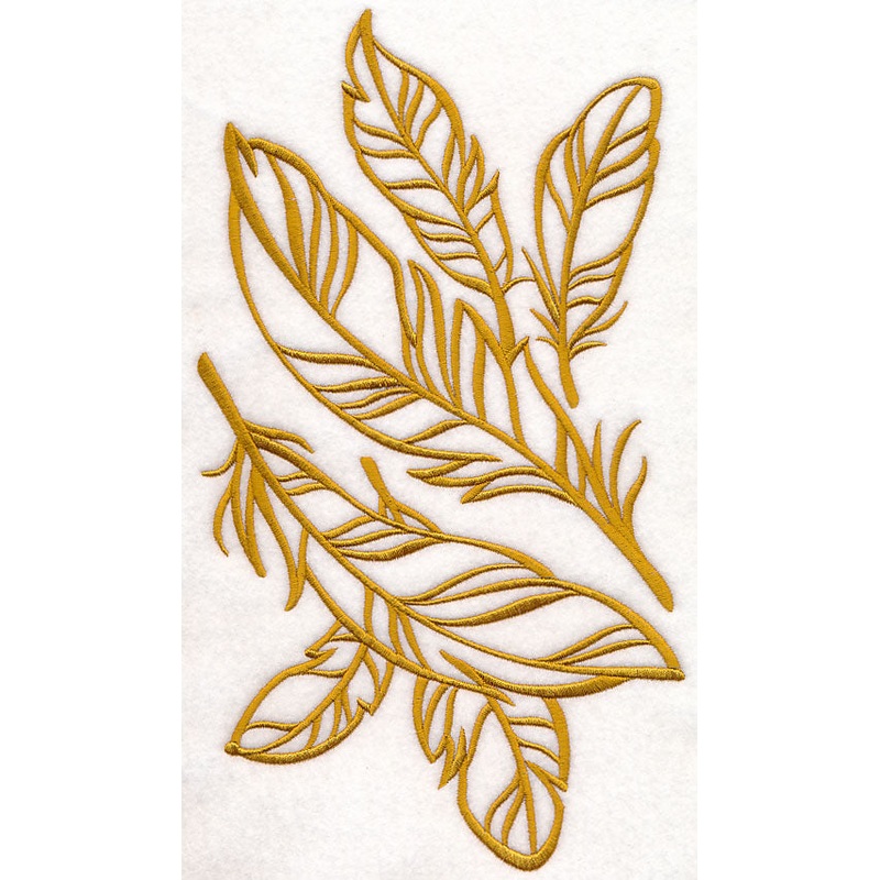 Feathers (Goldwork)|11.74″ x 6.59″ / 298.13mm x 167.33mm|9.4″ x 5.28″ / 238.69mm x 133.99mm|7.81″ x 4.38″ / 198.31mm x 111.32mm|6.87″ x 3.86″ / 174.47mm x 97.94mm|3.85″ x 2.84″ / 97.83mm x 72.09mm|All Sizes