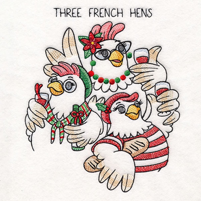 Three French Hens|7.78″ x 6.59″ / 197.59mm x 167.44mm|6.91″ x 5.86″ / 175.57mm x 148.75mm|5.73″ x 4.86″ / 145.59mm x 123.33mm|All Sizes