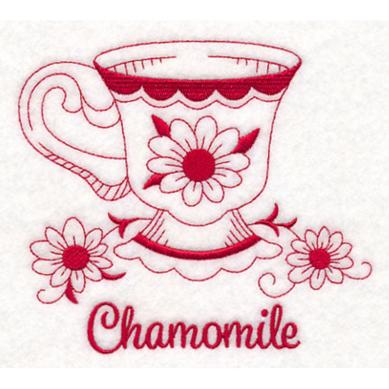Tea Time Chamomile (Redwork)|4.86″ x 5.48″ / 123.46mm x 139.21mm|3.42″ x 3.85″ / 86.76mm x 97.67mm|All Sizes