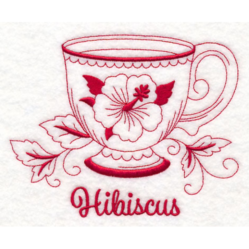 Tea Time Hibiscus (Redwork)|4.86″ x 6.07″ / 123.41mm x 154.22mm|3.09″ x 3.85″ / 78.41mm x 97.68mm|All Sizes
