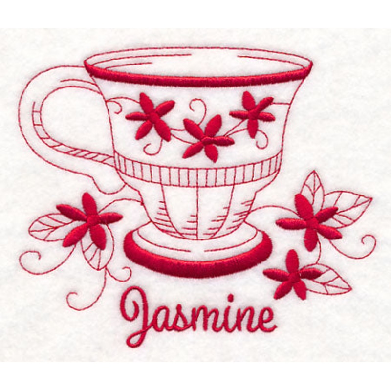 Tea Time Jasmine (Redwork)|4.86″ x 5.78″ / 123.46mm x 146.77mm|3.24″ x 3.85″ / 82.26mm x 97.7mm|All Sizes