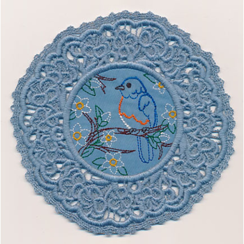 Bluebird Fabric Doily (Lace)|5.81″ x 5.85″ / 147.49mm x 148.63mm|4.84″ x 4.88″ / 122.9mm x 123.92mm|3.85″ x 3.88″ / 97.81mm x 98.48mm|All Sizes
