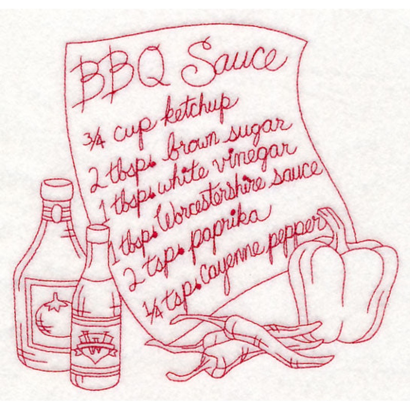 Barbecue Sauce (Redwork)|6.85″ x 7.17″ / 173.96mm x 182.16mm|5.85″ x 6.12″ / 148.55mm x 155.53mm|4.88″ x 5.11″ / 123.91mm x 129.72mm|All Sizes
