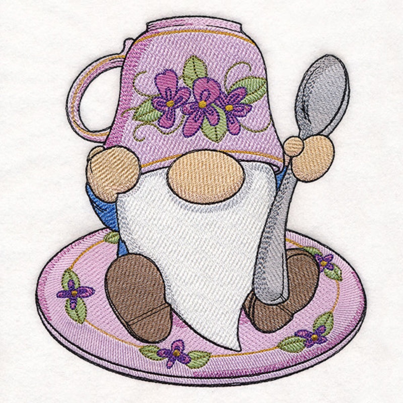 Tea Time Gnome|7.63″ x 6.89″ / 193.79mm x 174.95mm|6.49″ x 5.86″ / 164.75mm x 148.78mm|5.38″ x 4.86″ / 136.63mm x 123.42mm|3.85″ x 3.48″ / 97.74mm x 88.35mm|All Sizes