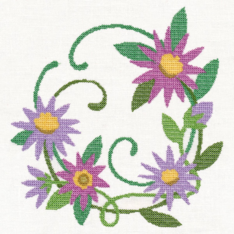 Aster Wreath (Cross Stitch)|7.65″ x 7.37″ / 194.38mm x 187.12mm|7.12″ x 6.79″ / 180.76mm x 172.58mm|5.83″ x 5.83″ / 148.06mm x 148.06mm|4.83″ x 4.83″ / 122.62mm x 122.63mm|All Sizes