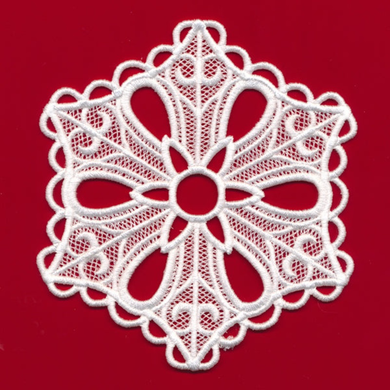 Eyelet Snowflake (Lace)|5.36″ x 4.86″ / 136.07mm x 123.51mm|3.9″ x 3.89″ / 99.03mm x 98.93mm|3.02″ x 3.01″ / 76.64mm x 76.56mm|All Sizes