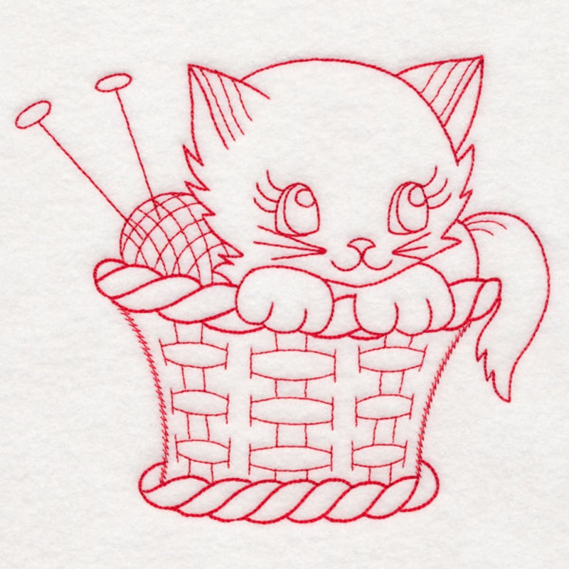 Crafty Cat with Knitting (Redwork)