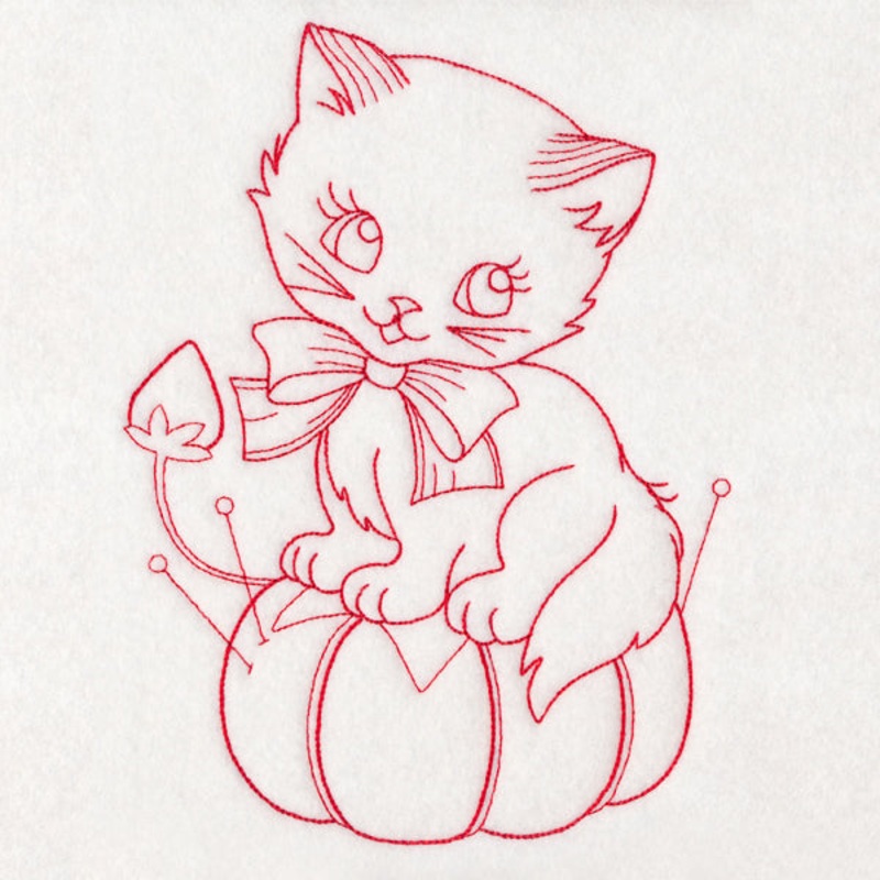 Crafty Cat with Pincushion (Redwork)