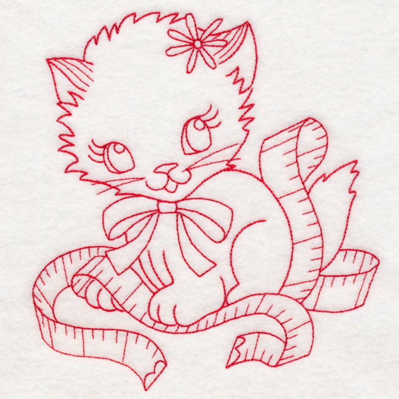 Crafty Cat with Tape Measure (Redwork)