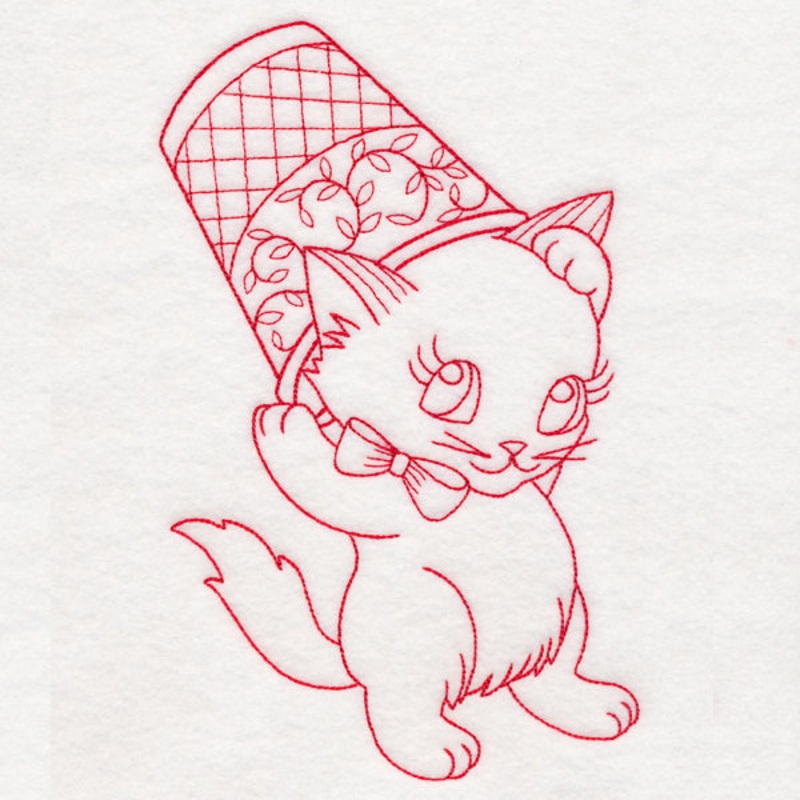 Crafty Cat with Thimble (Redwork)