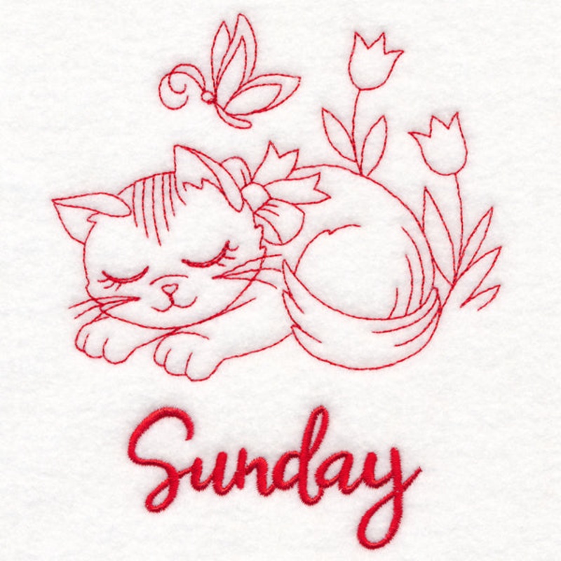 Country Kitten on Sunday (Redwork)