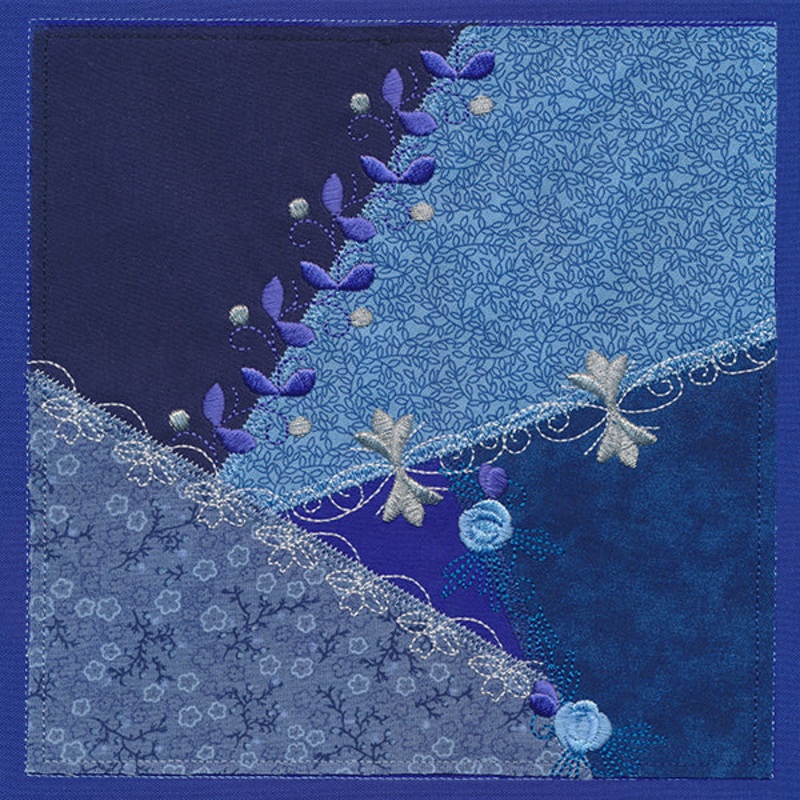 Crazy Patchwork Blue Magic Quilt Block (Heirloom Applique)