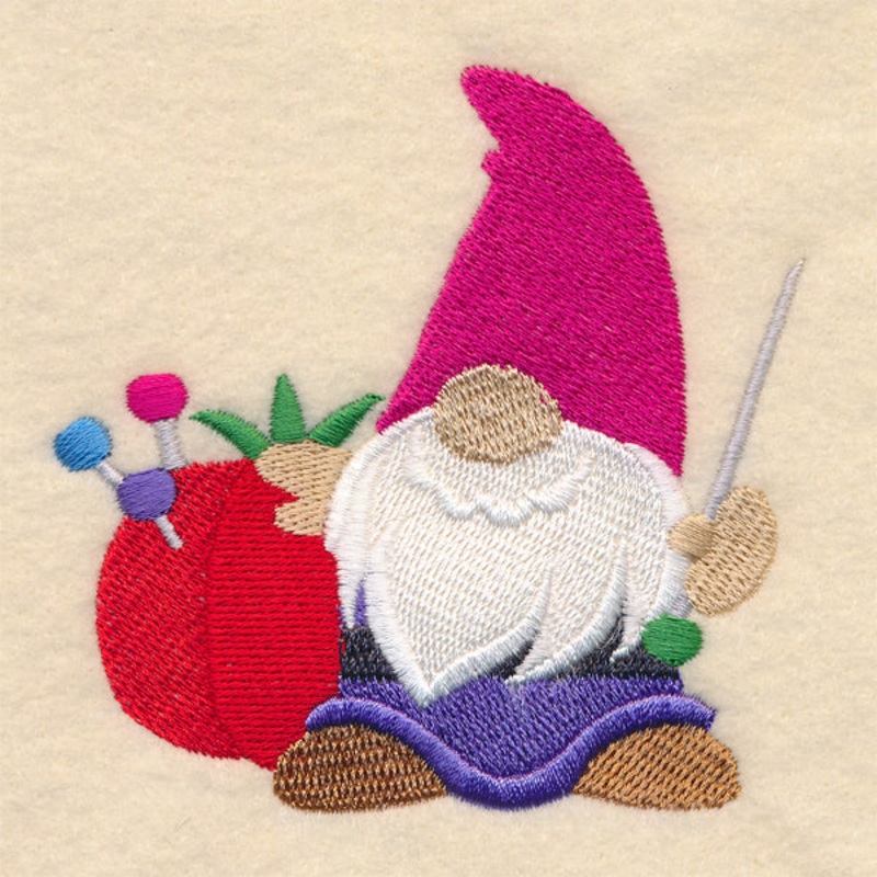 Crafty Gnome with Pincushion|3.38″ x 3.41″ / 85.85mm x 86.61mm