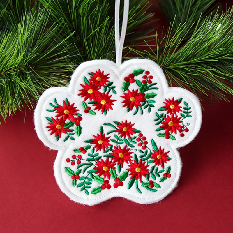 Christmas Poinsettia Pet Paw Ornament (In-the-Hoop)