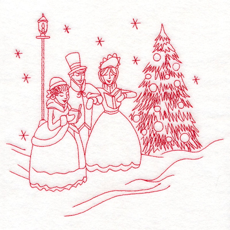 Classic Christmas Scene – Caroling (Redwork)