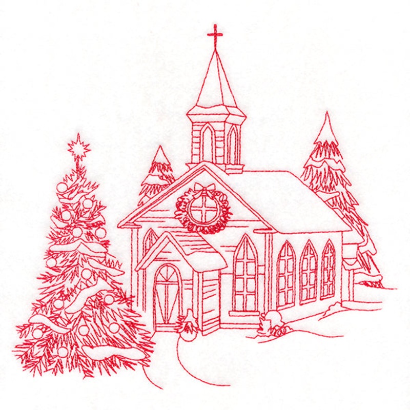 Classic Christmas Scene – Church (Redwork)