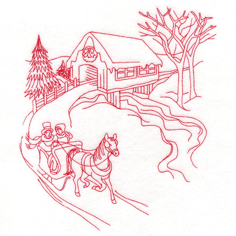 Classic Christmas Scene – Covered Bridge (Redwork)