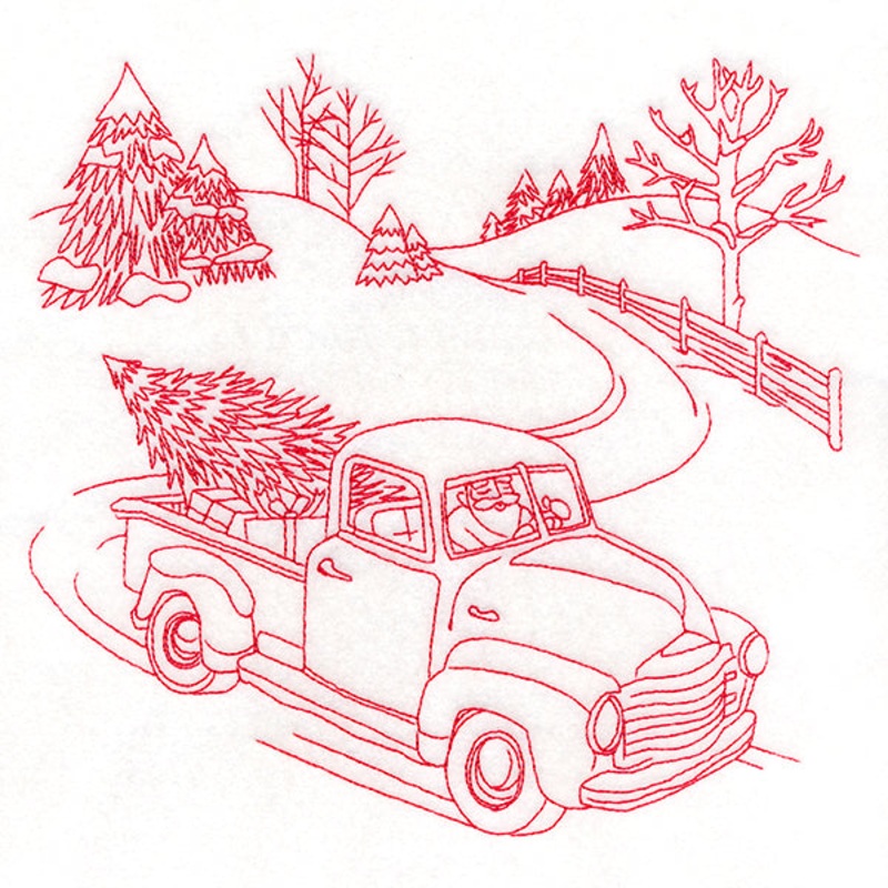 Classic Christmas Scene – Retro Truck (Redwork)